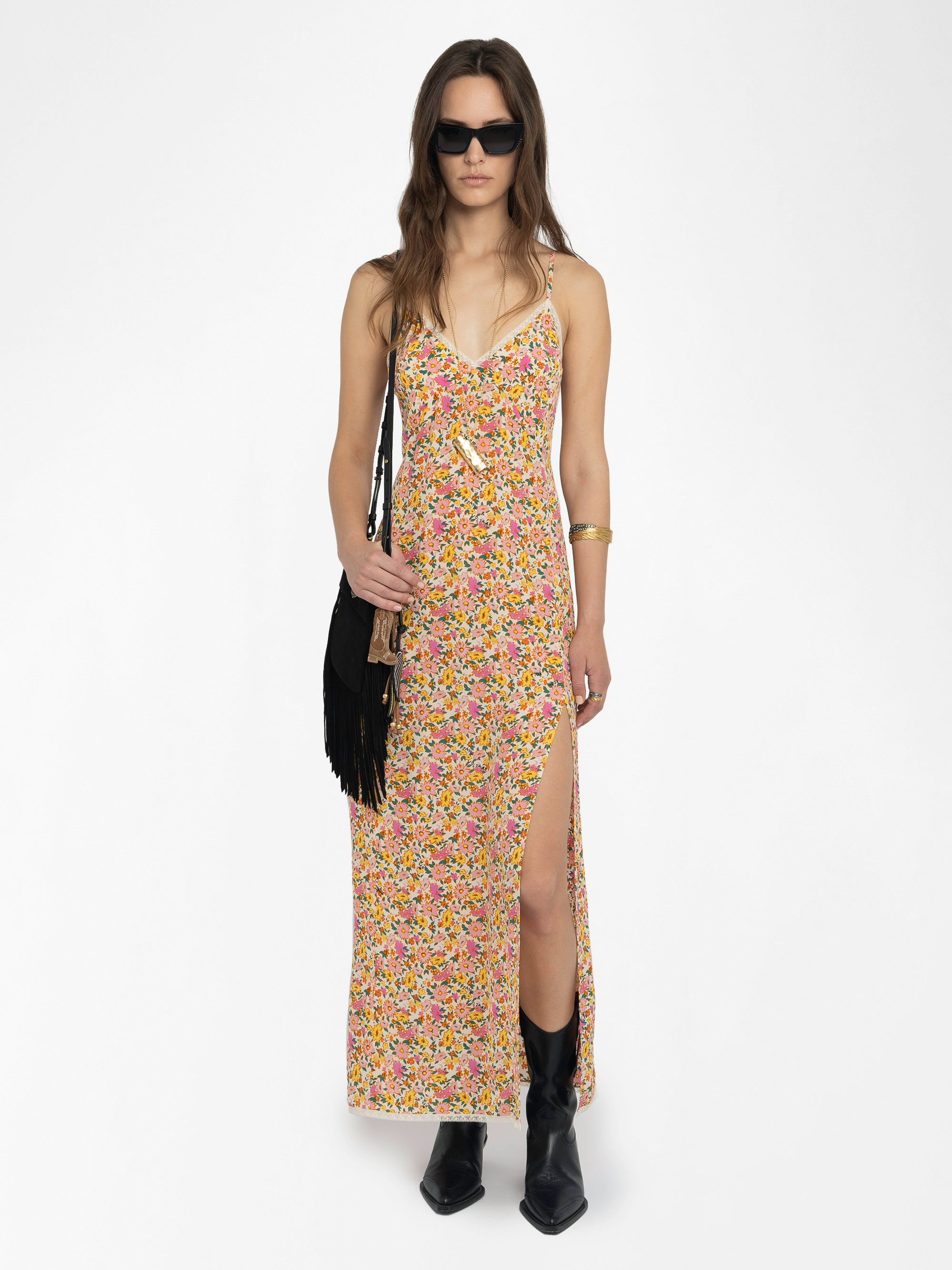 Rameli Floral Lace Maxi Dress - Long lingerie-inspired dress in printed viscose, with slit, adjustable straps, wing embroidery on the back and lace details.